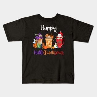 Happy Hallothanksmas Coffee Latte Halloween Thanksgiving T-Shirt Kids T-Shirt